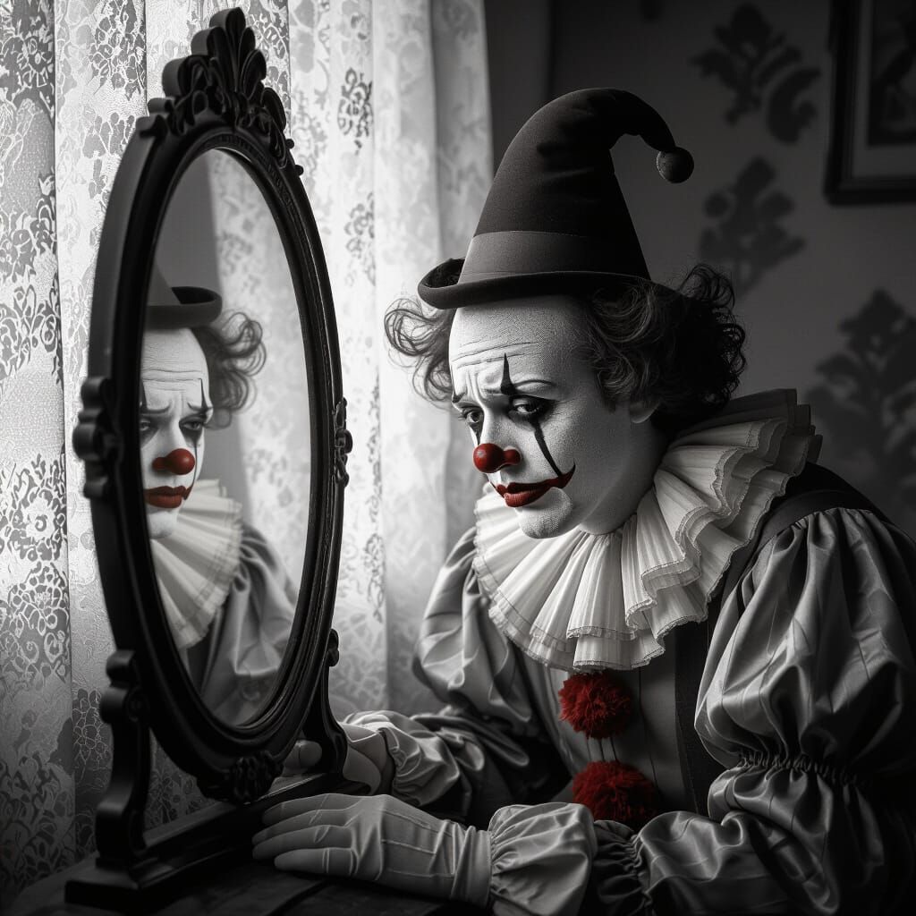 Noir Sad Clown Reflecting in Vintage Mirror