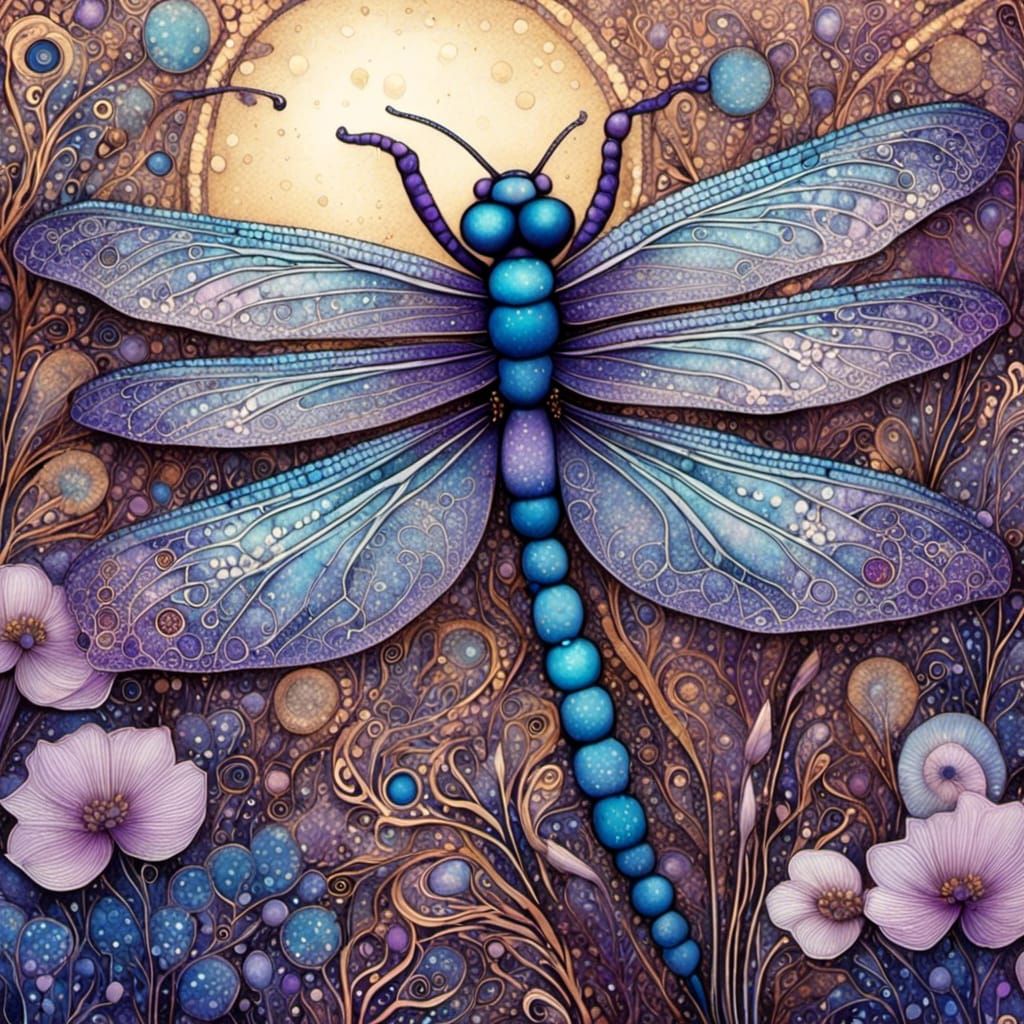 Intricate Zentangle Dragonfly Drawing in Florabunda Style