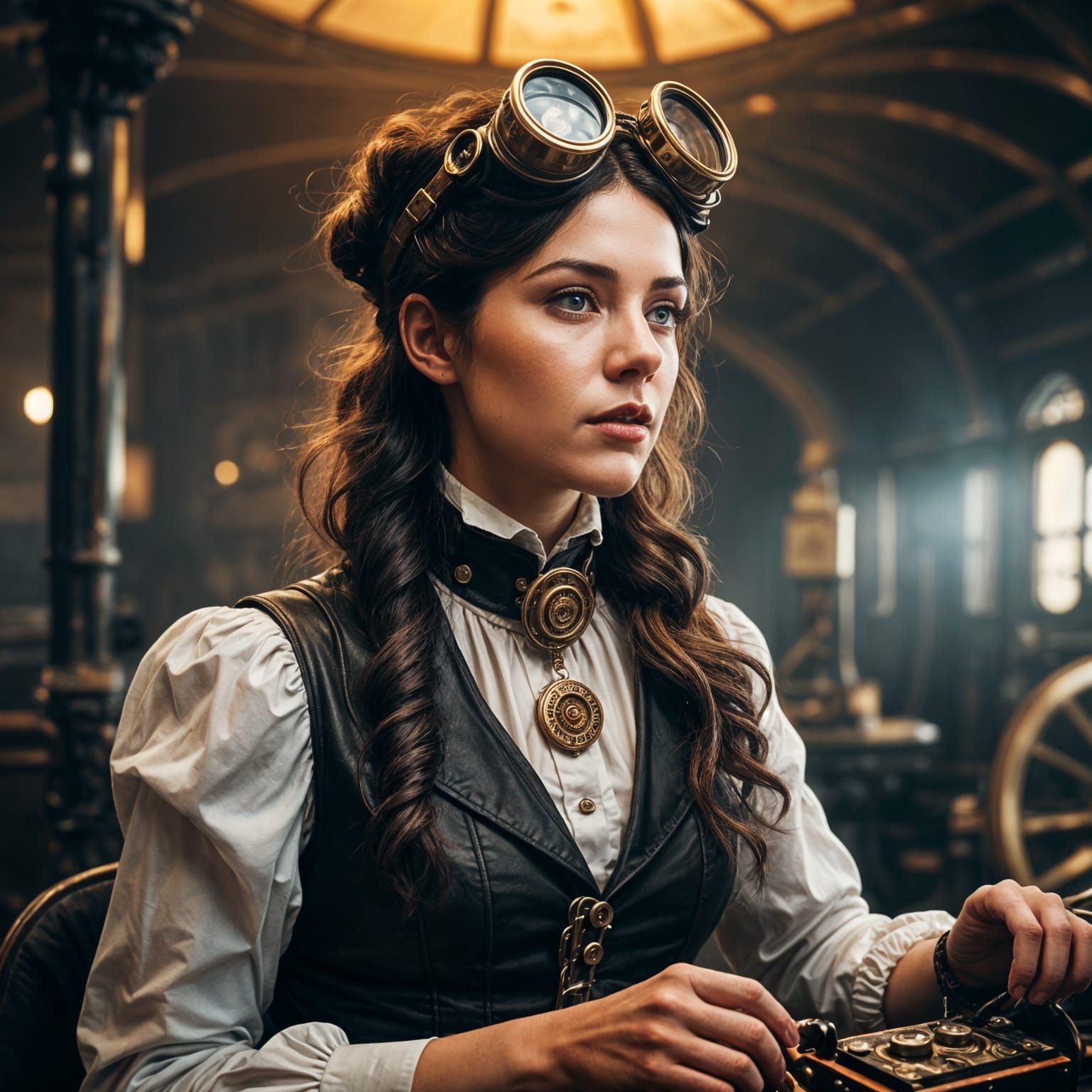Steampunk Brunette Airship Passenger in Victorian Style