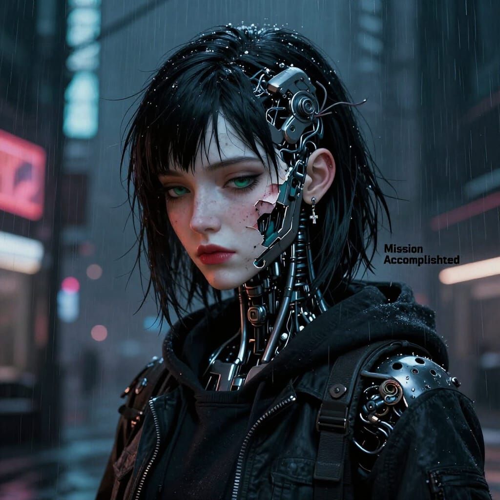 Melancholic Cyborg Leonara in Gritty Neon City