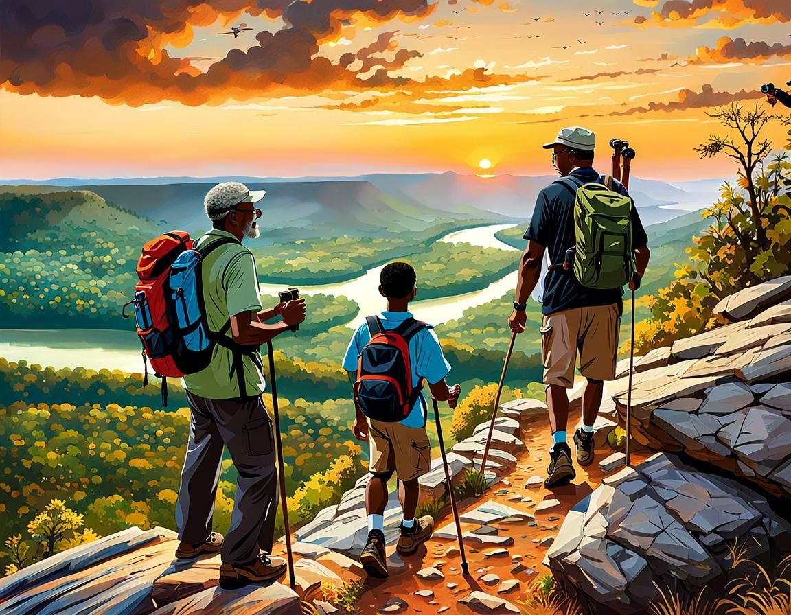 Generations Hike at Sunset: Hyperreal Oil Painting