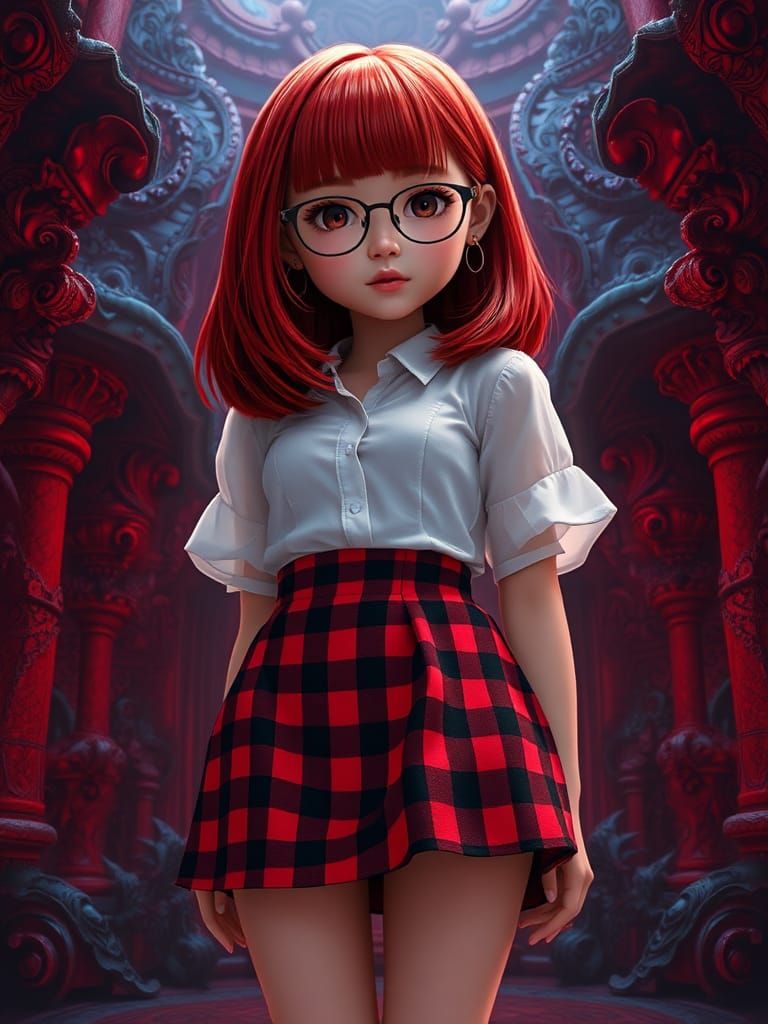 Fantasy Girl in Red Hair and Checkered Skirt