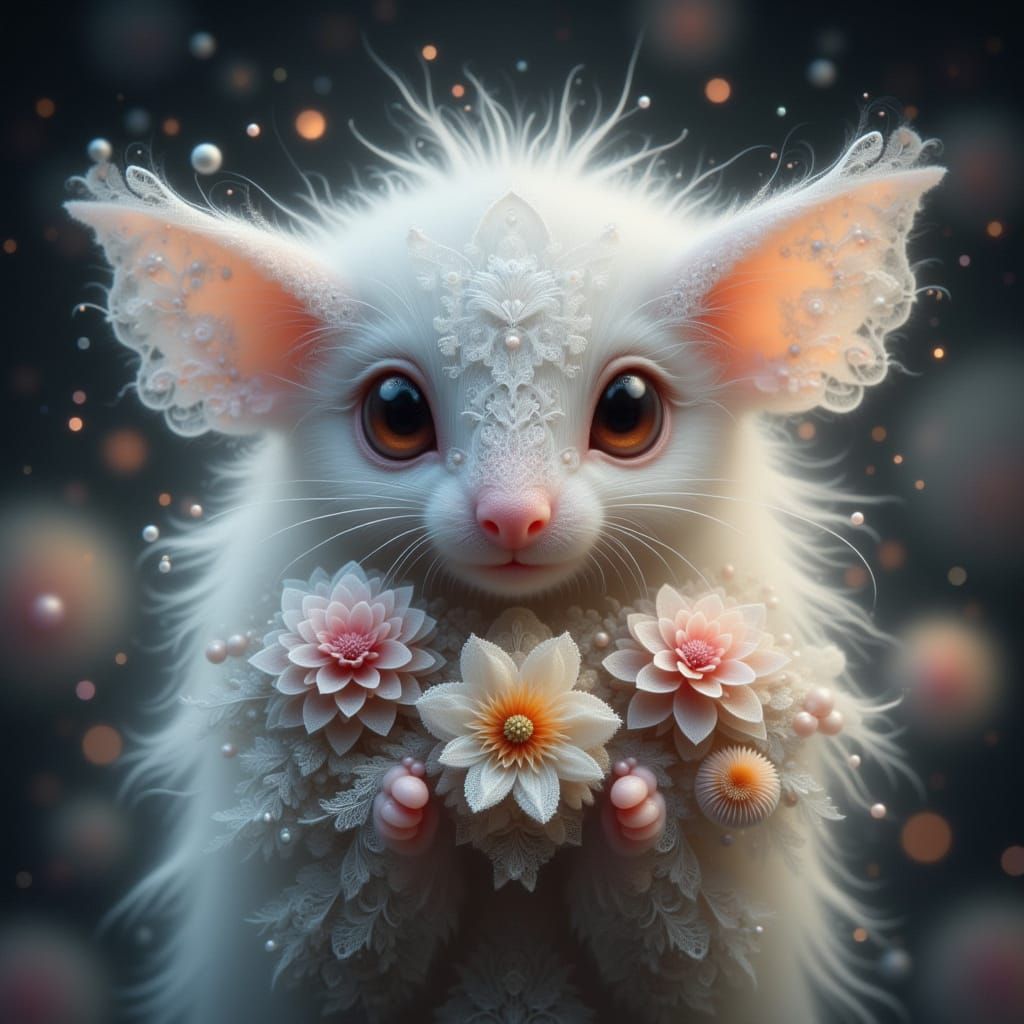 Ethereal White Bat with Soft Lacey Fur and Glowing Persimmon