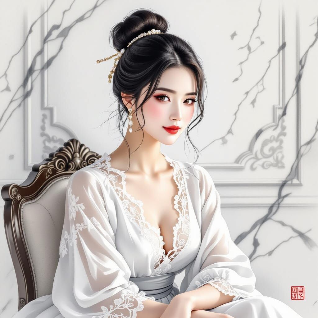 Elegant Chinese Woman in Pencil Sketch Style
