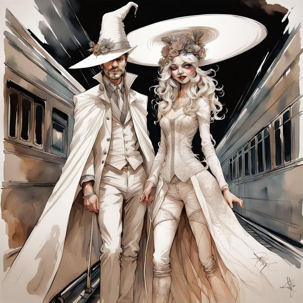 Happy Witch Portrait in Ink and Watercolor Style