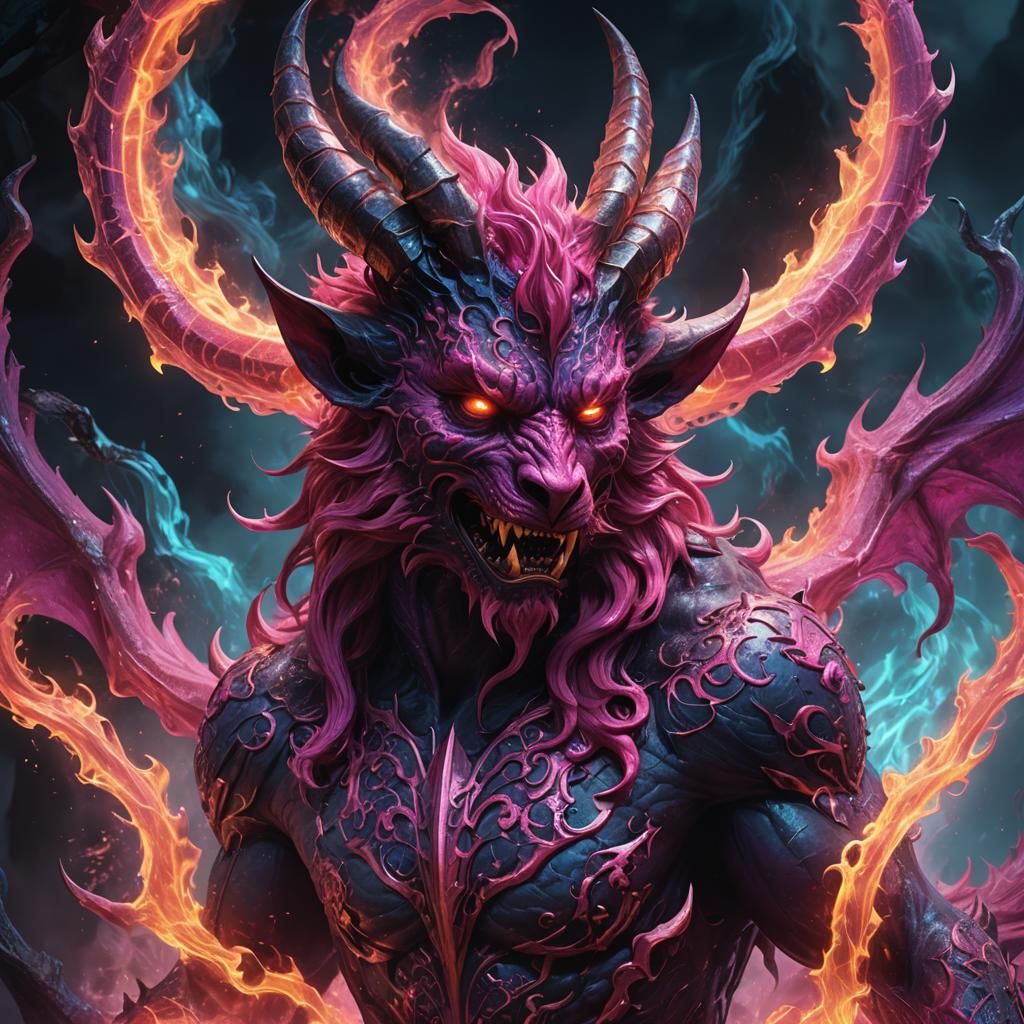 Pink Devil Emerges from Dark Mist in Fantasy Art