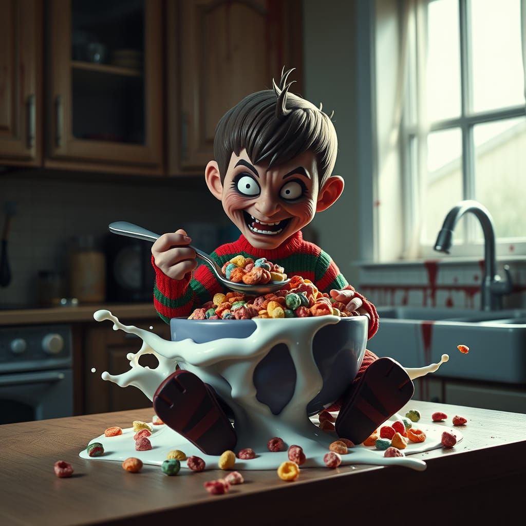 Tiny Freddy Krueger Devours Fruity Pebbles in a Splattered K...
