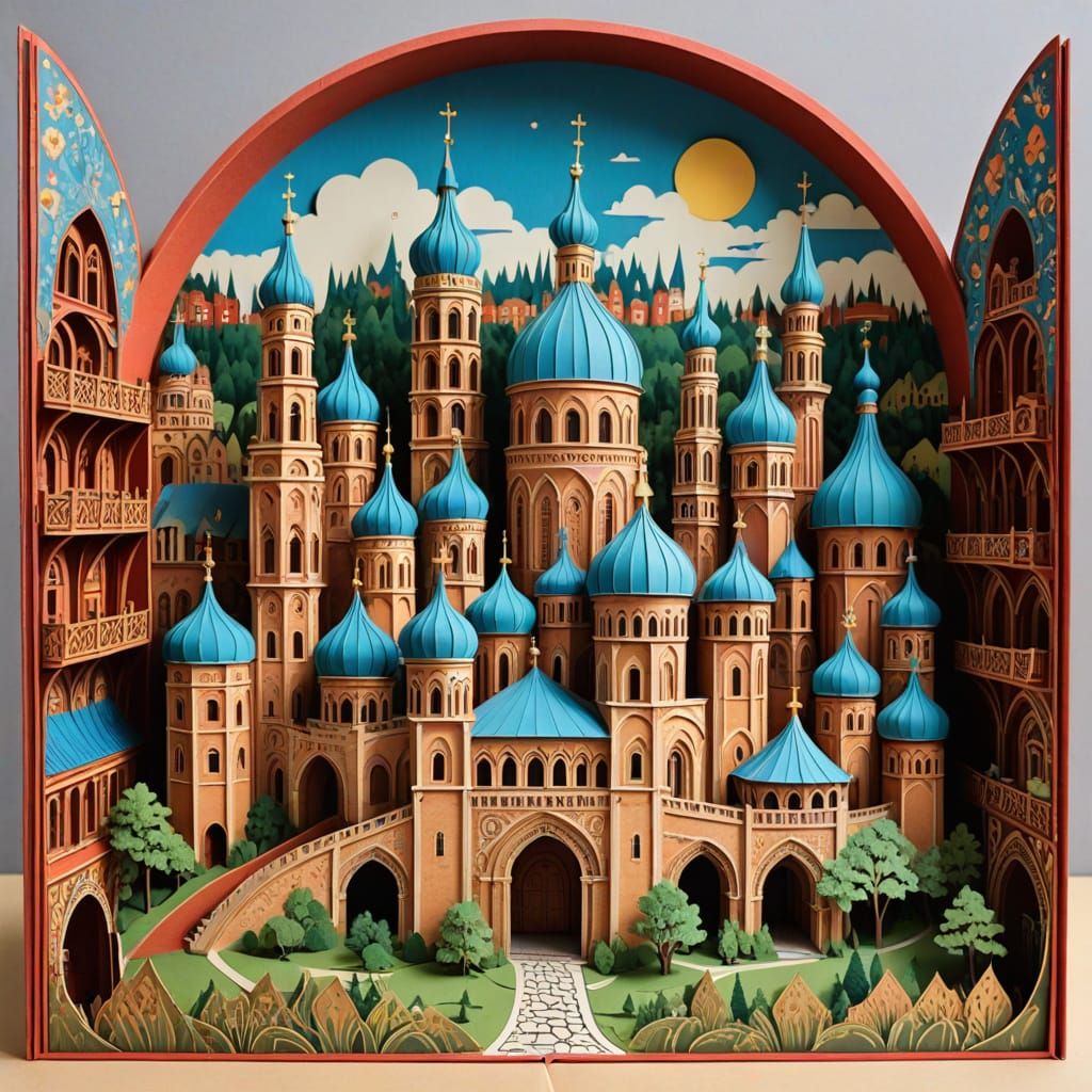 Medieval Kyiv, in a pop-up book depicted using layers of cut...
