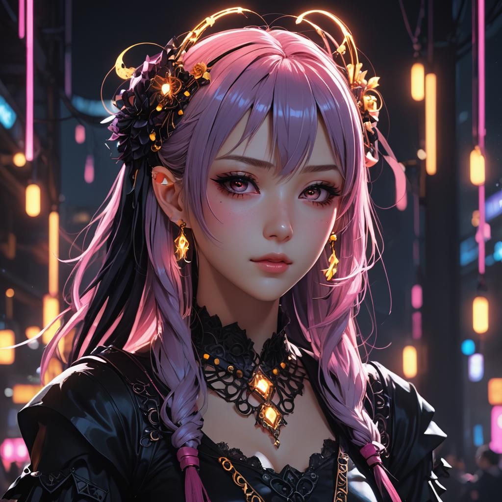 Anime Girl in Neon Gothic Style
