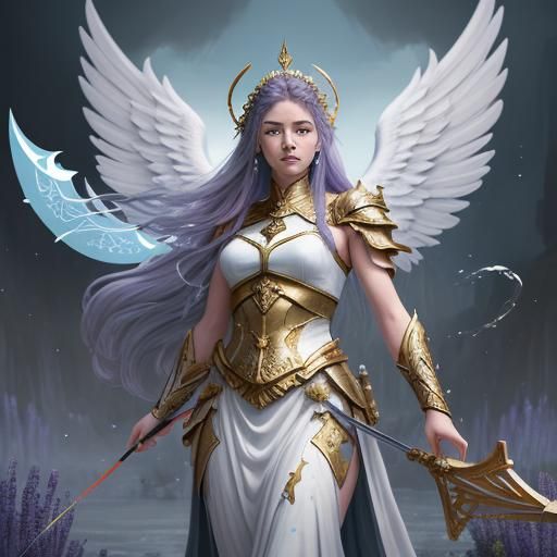 Warrior Angel with Bow in Fantasy Landscape