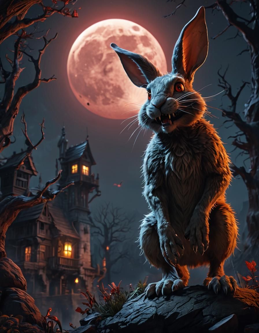 Feral Were-Rabbit Portrait under Blood Moon