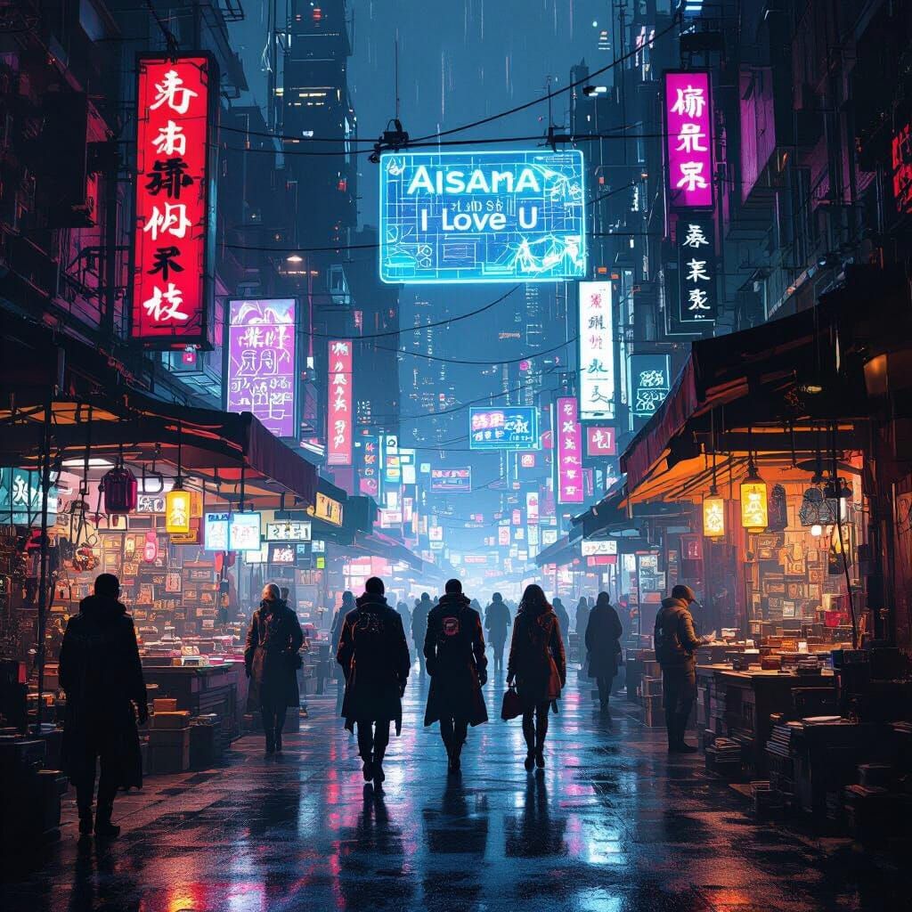Cyberpunk Market at Night with Neon Lights