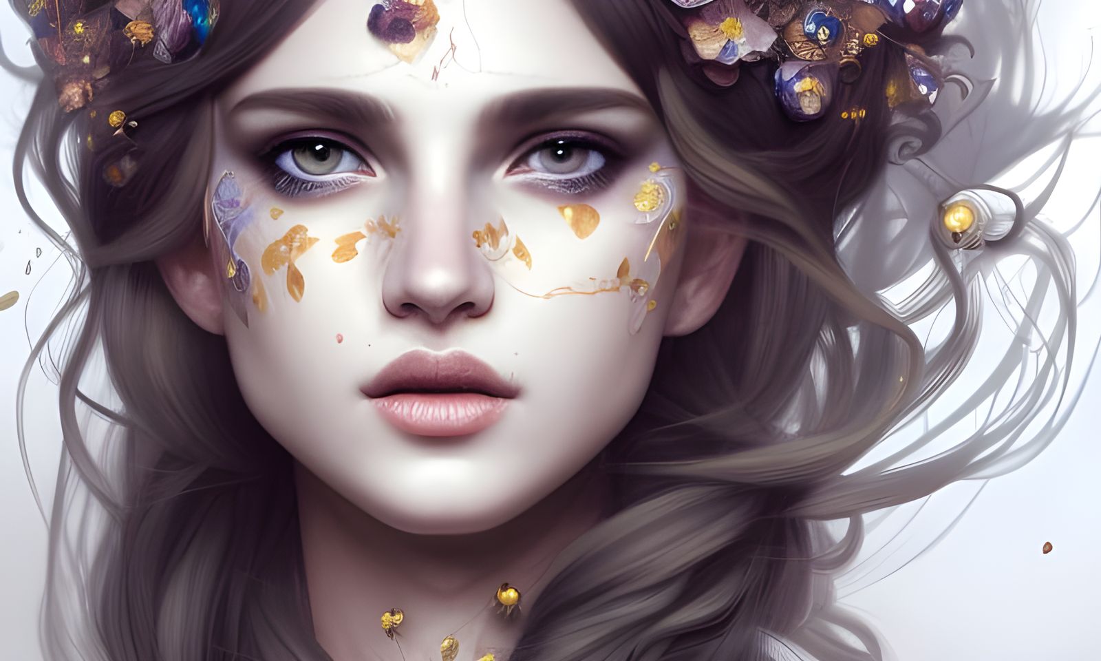 Flower Queen Portrait with Silver Crown, Hyperdetailed Art