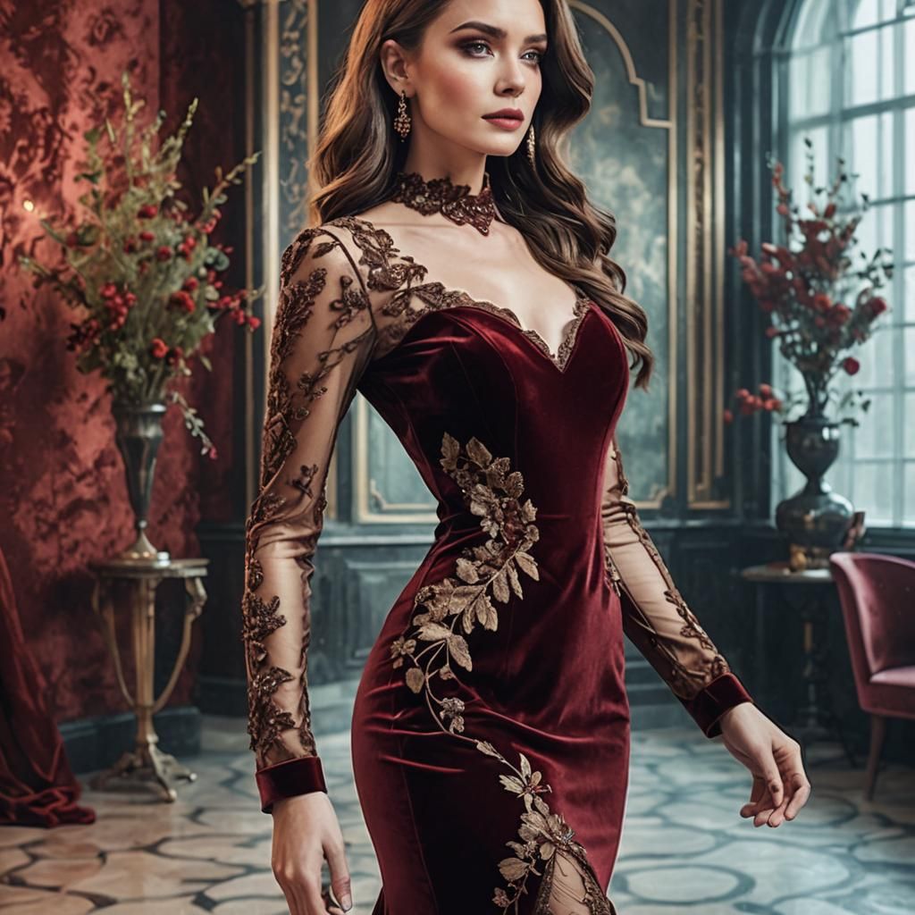 Futuristic Evening Gown in Velvet and Lace