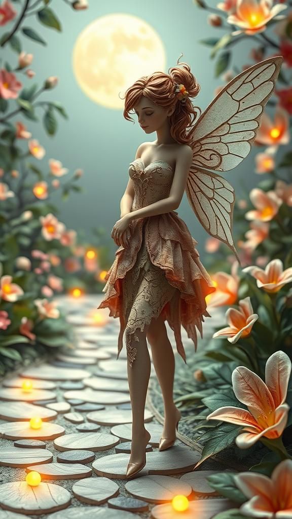 Silhouette of a fairy walking on a path to an enchanted wonderland with exotic flowers full body 3D leather paper cut-ou...