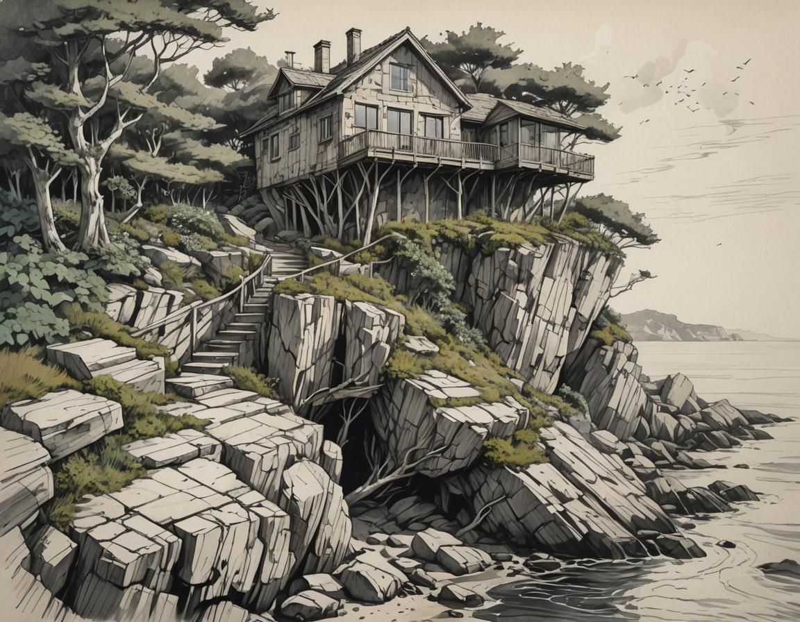 Weathered Beach House: Minimalist Pencil Sketch