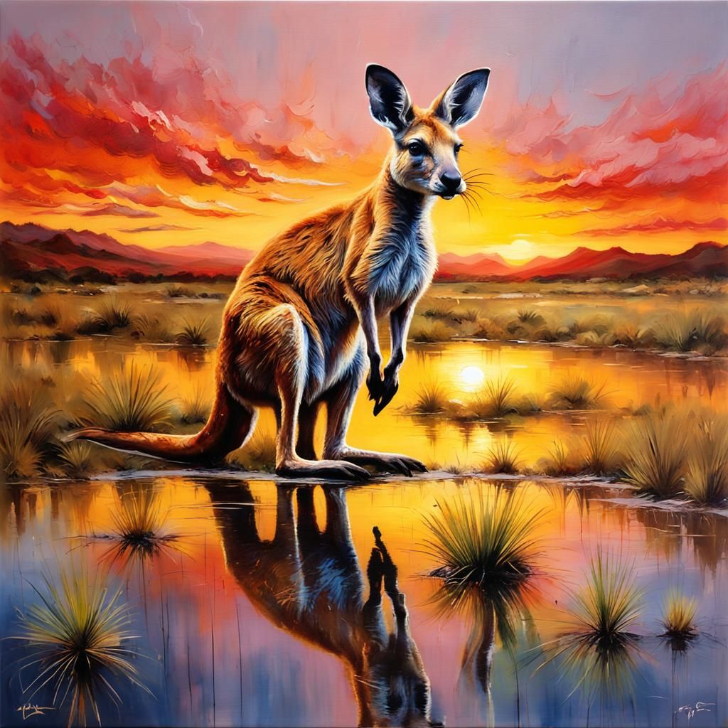 Kangaroo in Australian Sunset Landscape, Encaustic Painting