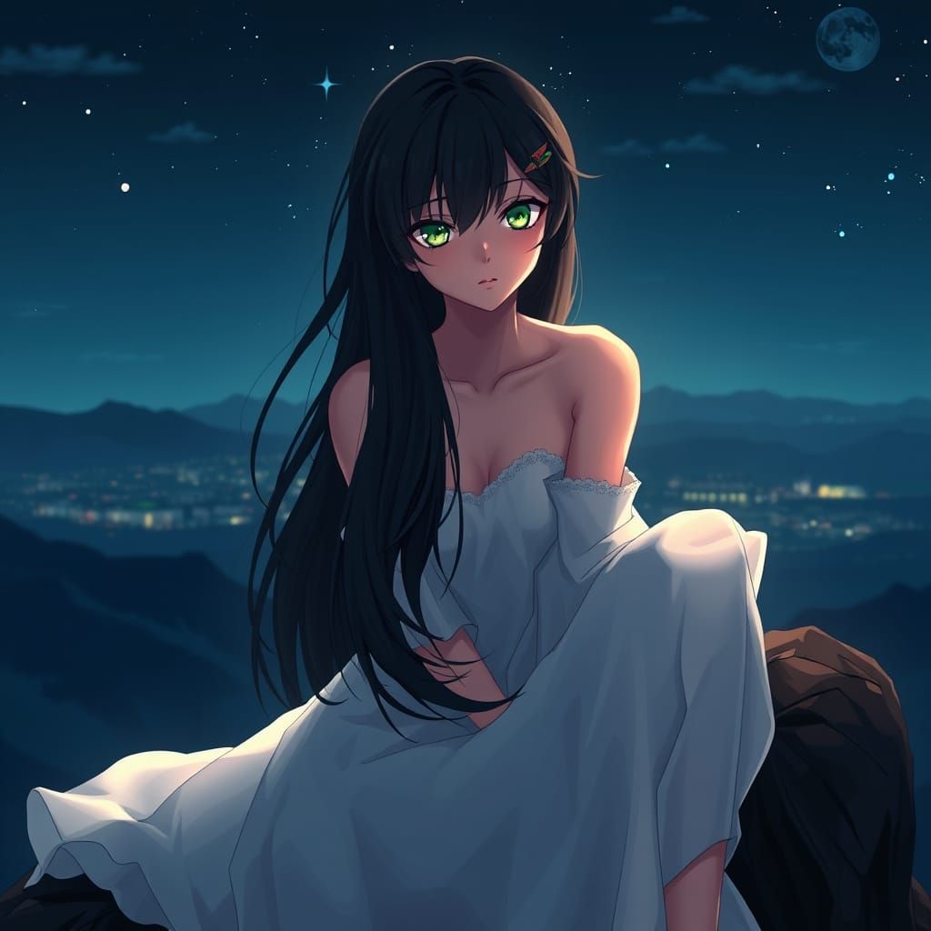 Anime Woman with Black Hair on Mountain Top