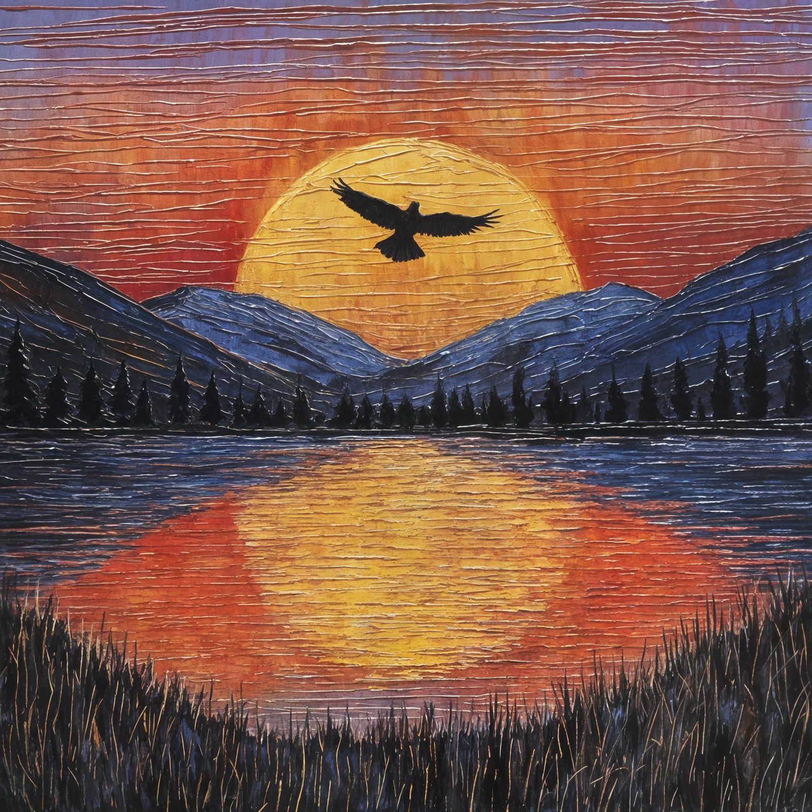 Raven in Flight Across Vibrant Sunset Landscape