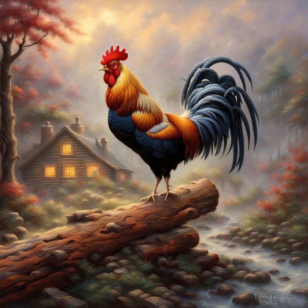 Rooster on Logs: Ethereal Fantasy Art