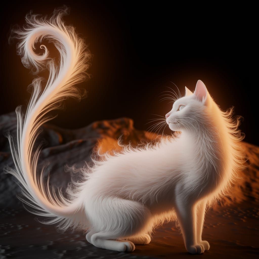 A light beige cat made of fog with fur like wisps of smoke f...