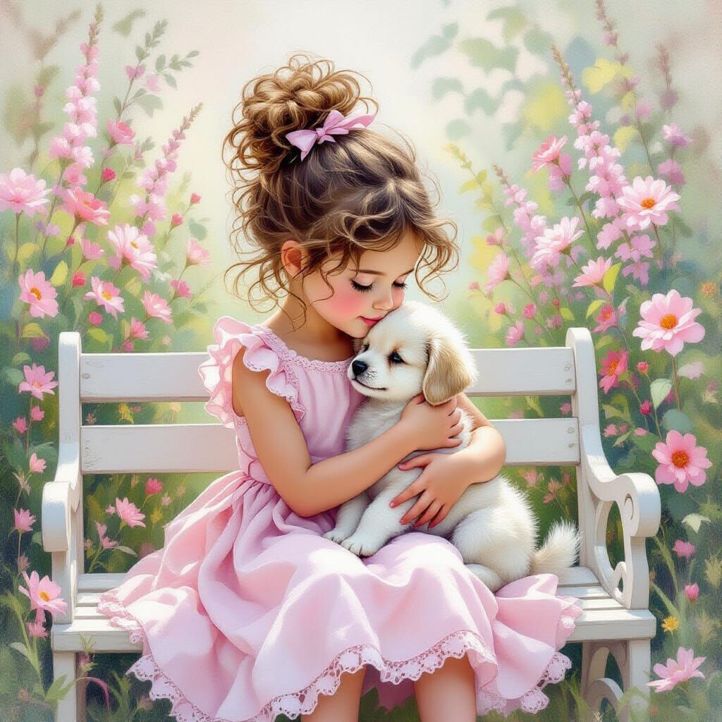 Girl Hugging Puppy in Dreamy Pastel Garden