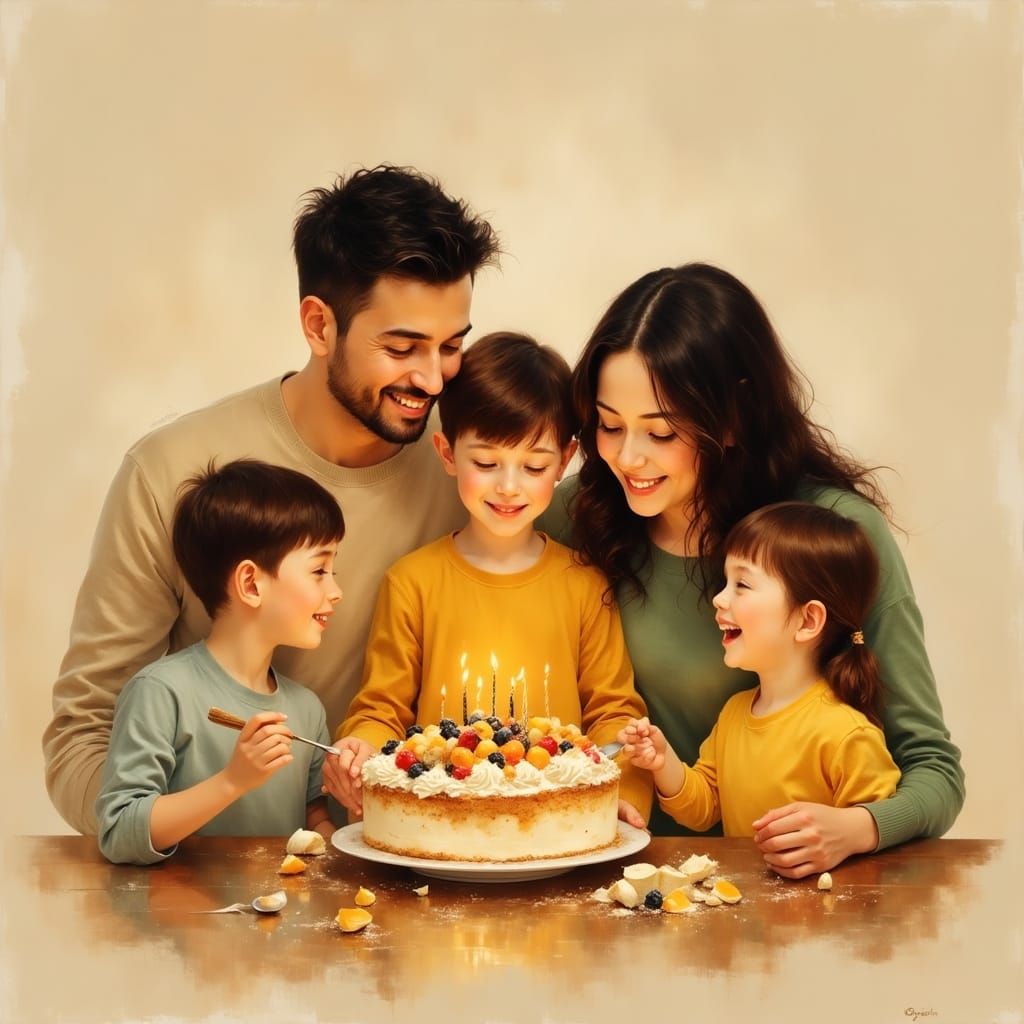Family Portrait Around Dessert, Photorealistic Style