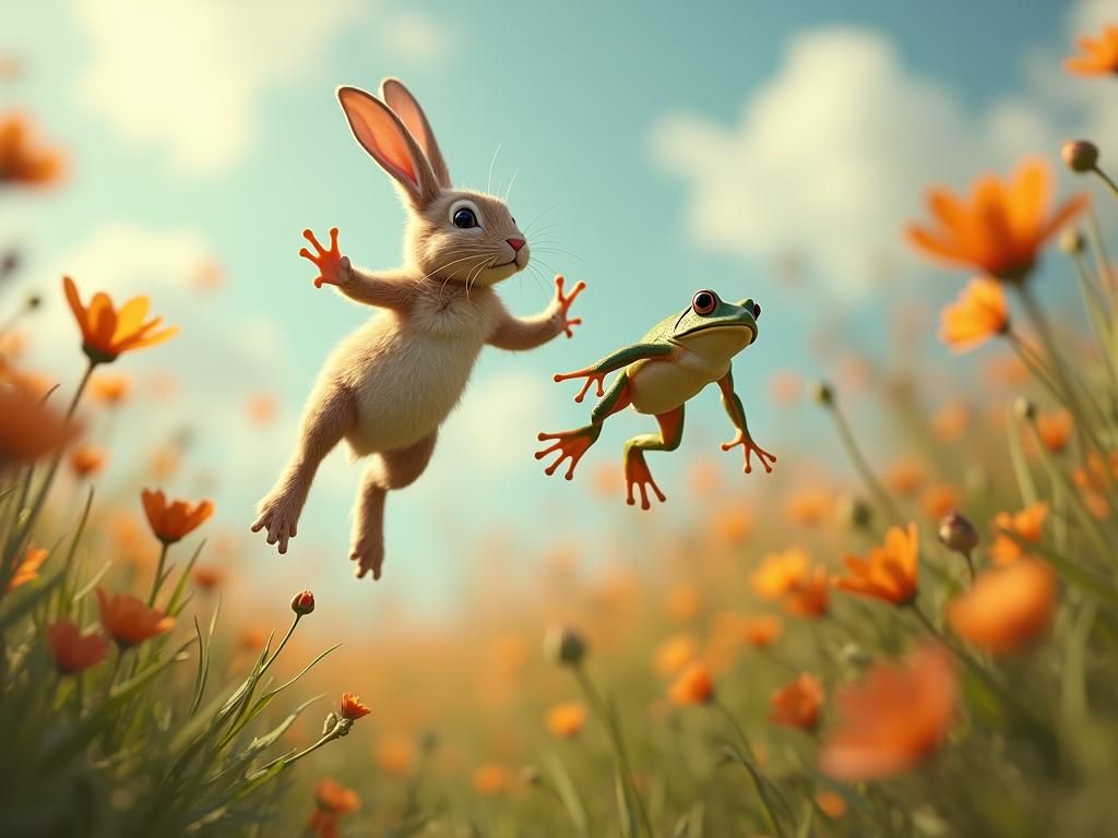 Rabbit and Frog Jumping Competition in Wildflower Meadow