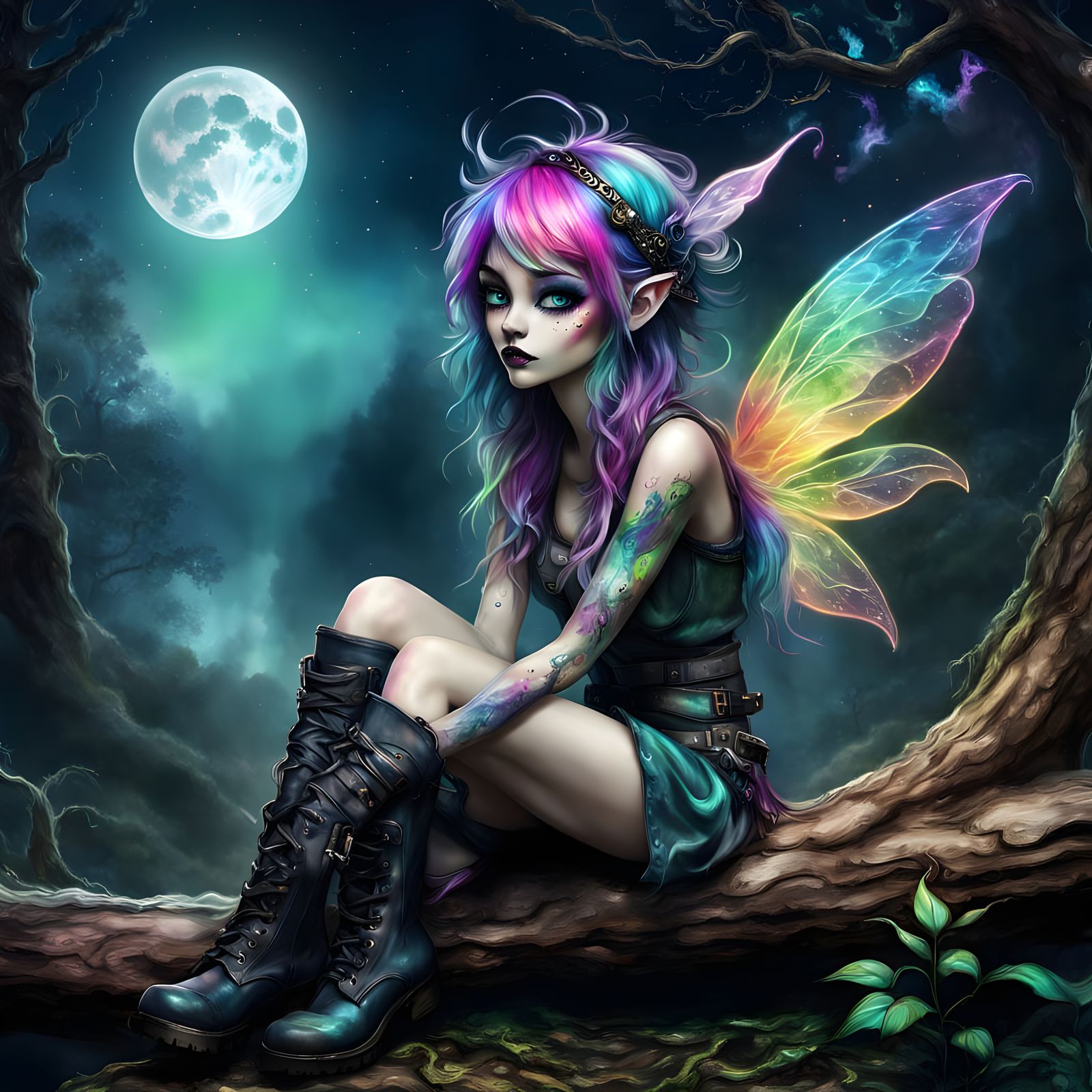 3d digital dynamic ink painting of a pixie gracefully sitting. made out of rainbow colored splashing smoke,

digital art...