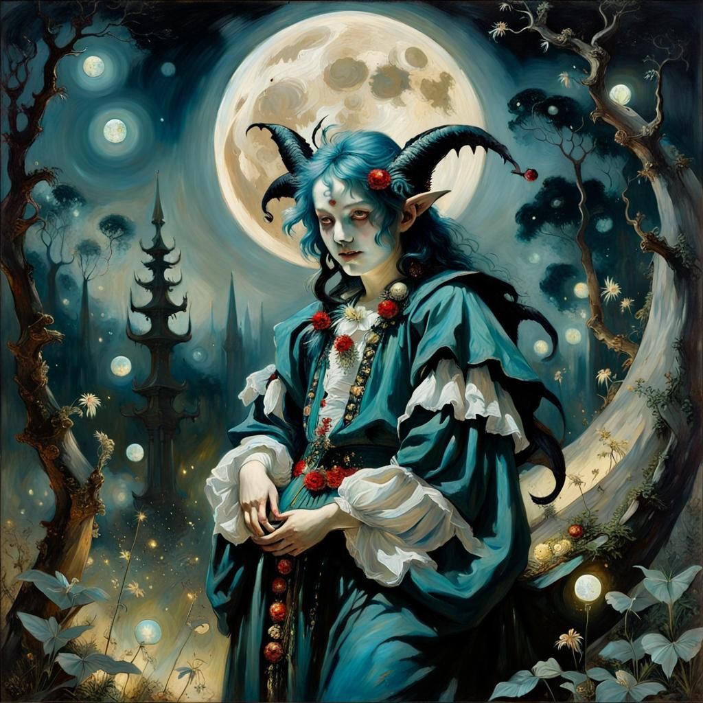 Jester Dances in Graveyard Under Giant Moon