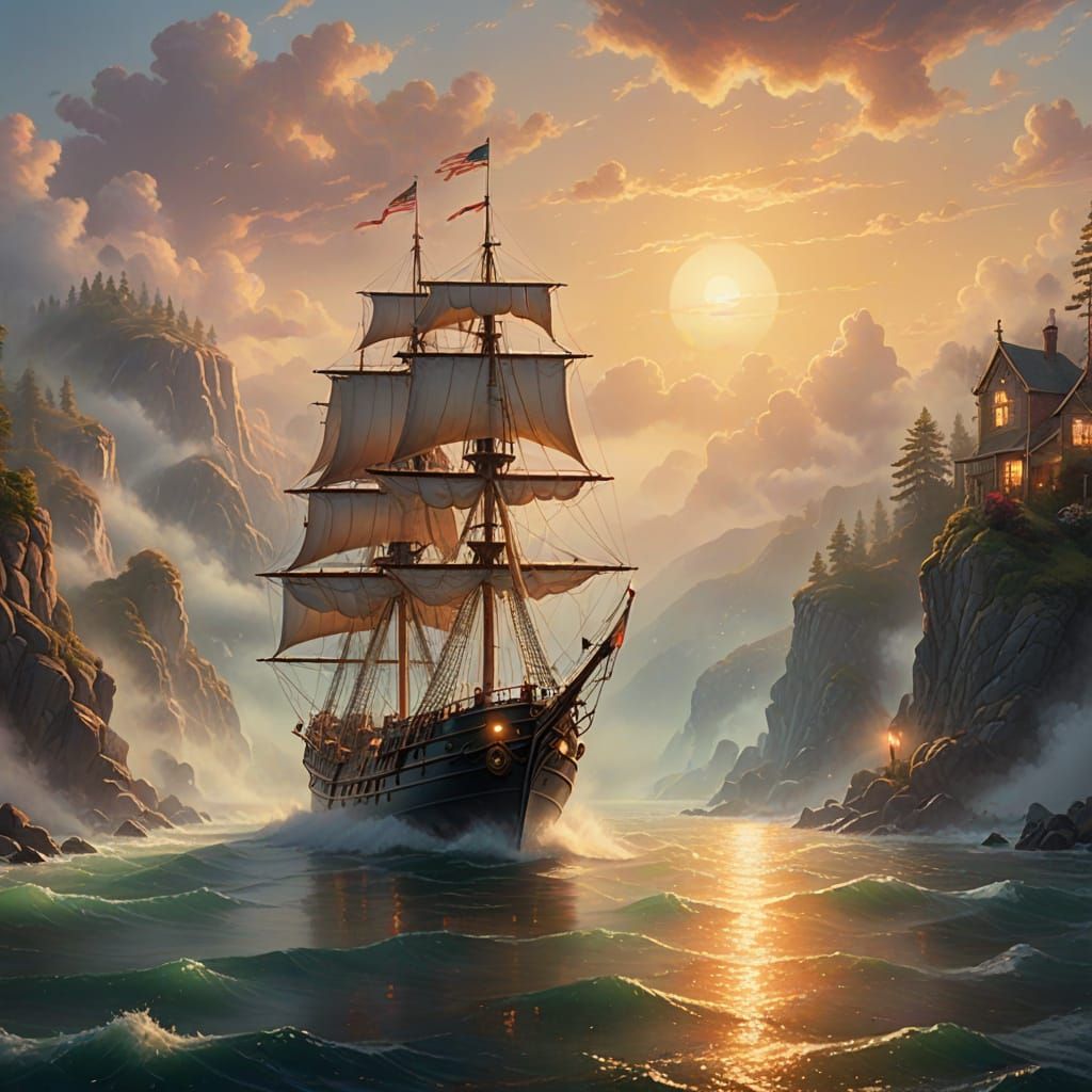 Ethereal Morning Sailing in a Golden Nautical Dream