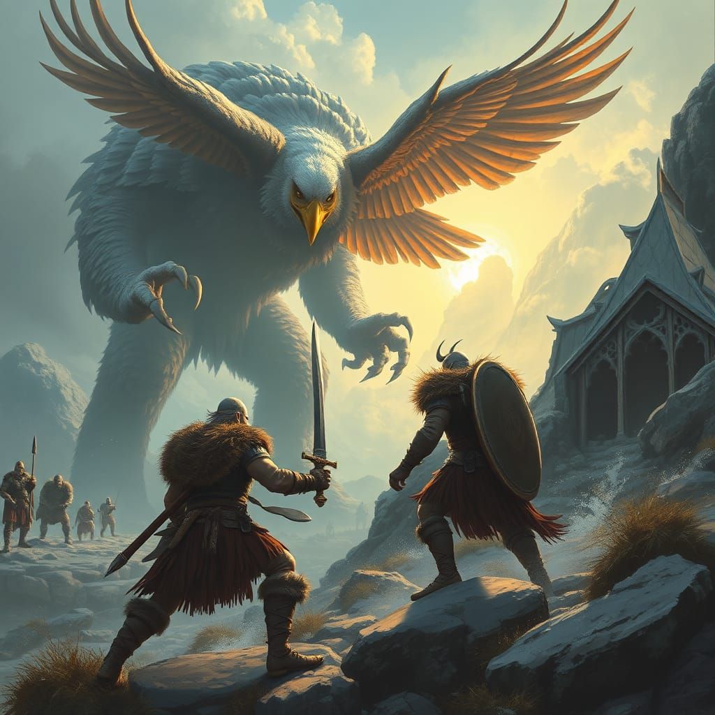 Viking Battles Giant Eagle Claw in Norse Landscape
