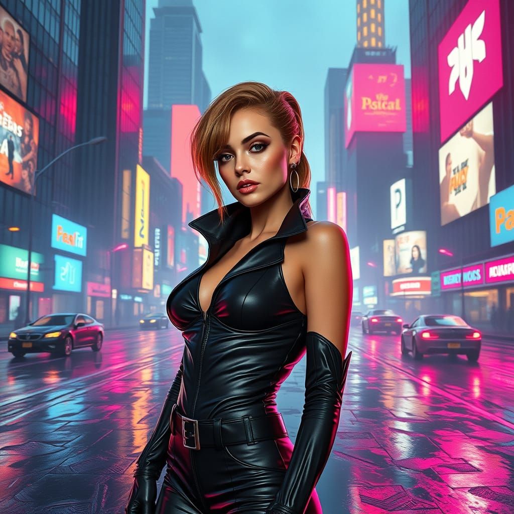 Sultry Cyberpunk Woman in Neon Cityscape