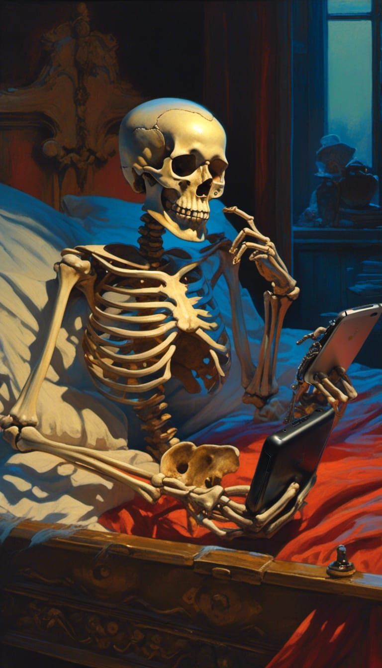Skeleton Gazing at Cellphone, Hyperrealistic Splash Art