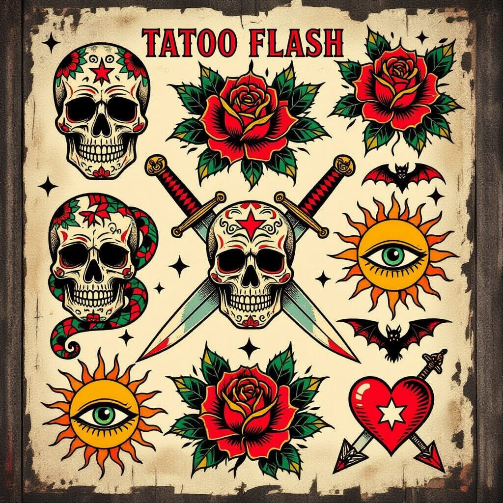 Vintage Tattoo Flash Art in Retro American Style