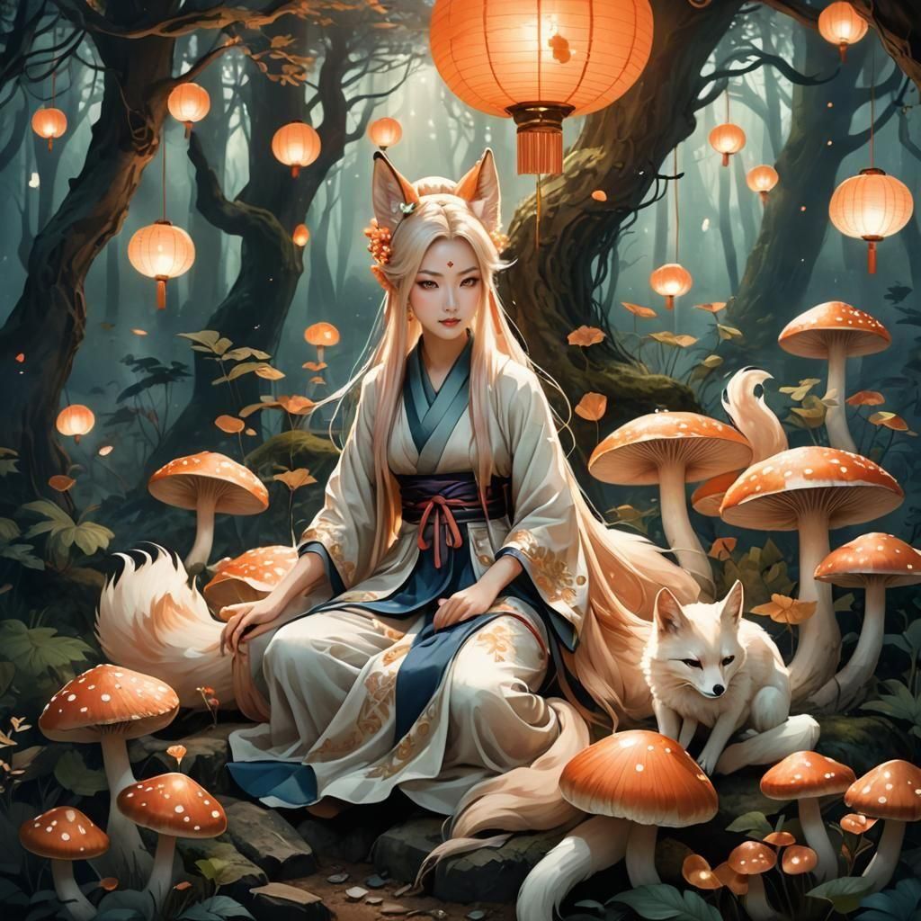 Enigmatic Nine-Tailed Kitsune Woman