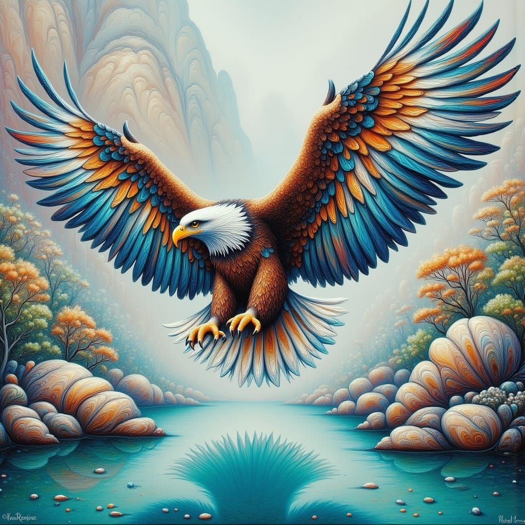 Eagle Soaring Over Turquoise Water: Ornithological Illustrat...