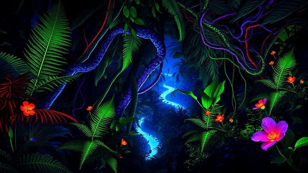 Ethereal Fluorescent Jungle at Night