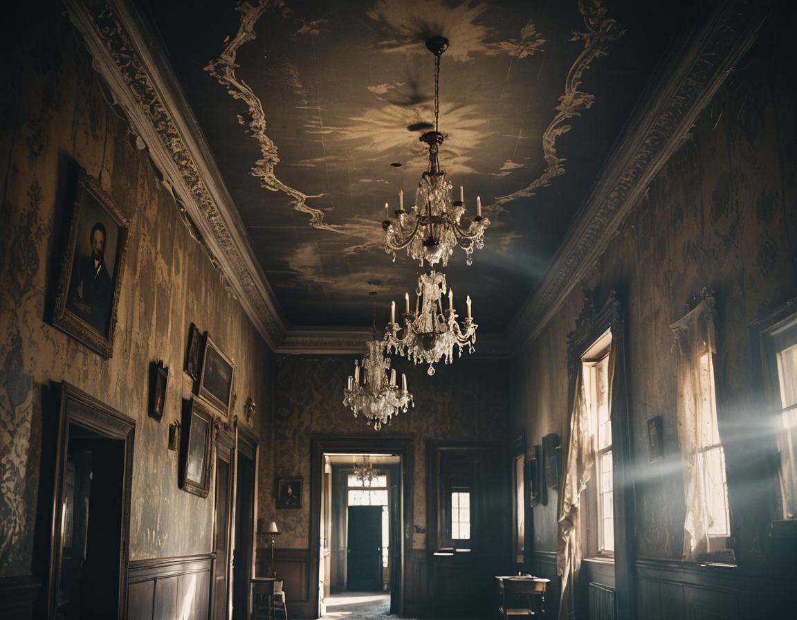 Eerie Haunted House Hallway with Translucent Apparition