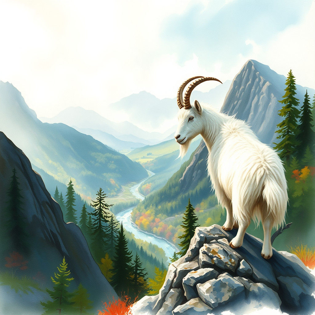 Mountain Goat on Misty Peak in Watercolor Style