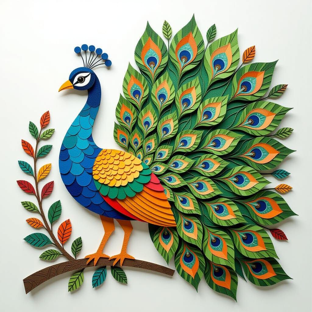 Vibrant Peacock Crafted from Layered Texture Paper