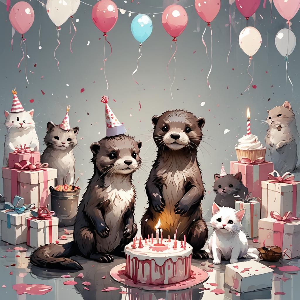 Adorable Otter and Cat Birthday in Watercolor Splash Art