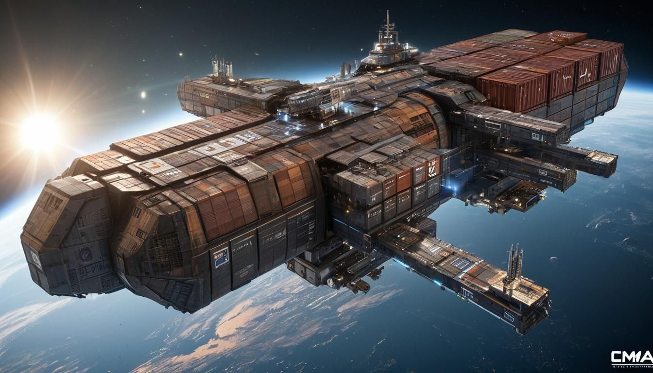 massive spaceship designed for CMA CGM, specialized in interplanetary deliveries, nearing a cargo transfer space station