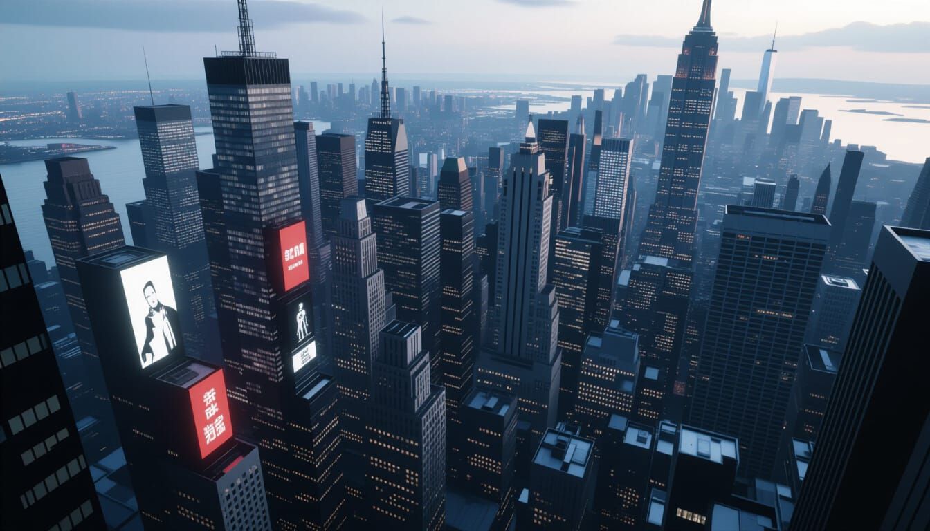 New York City Bird's Eye View in Film Noir Style