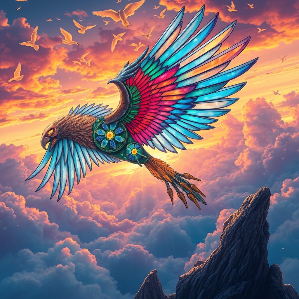 Griffin with Mechanical Wings Soaring at Sunset