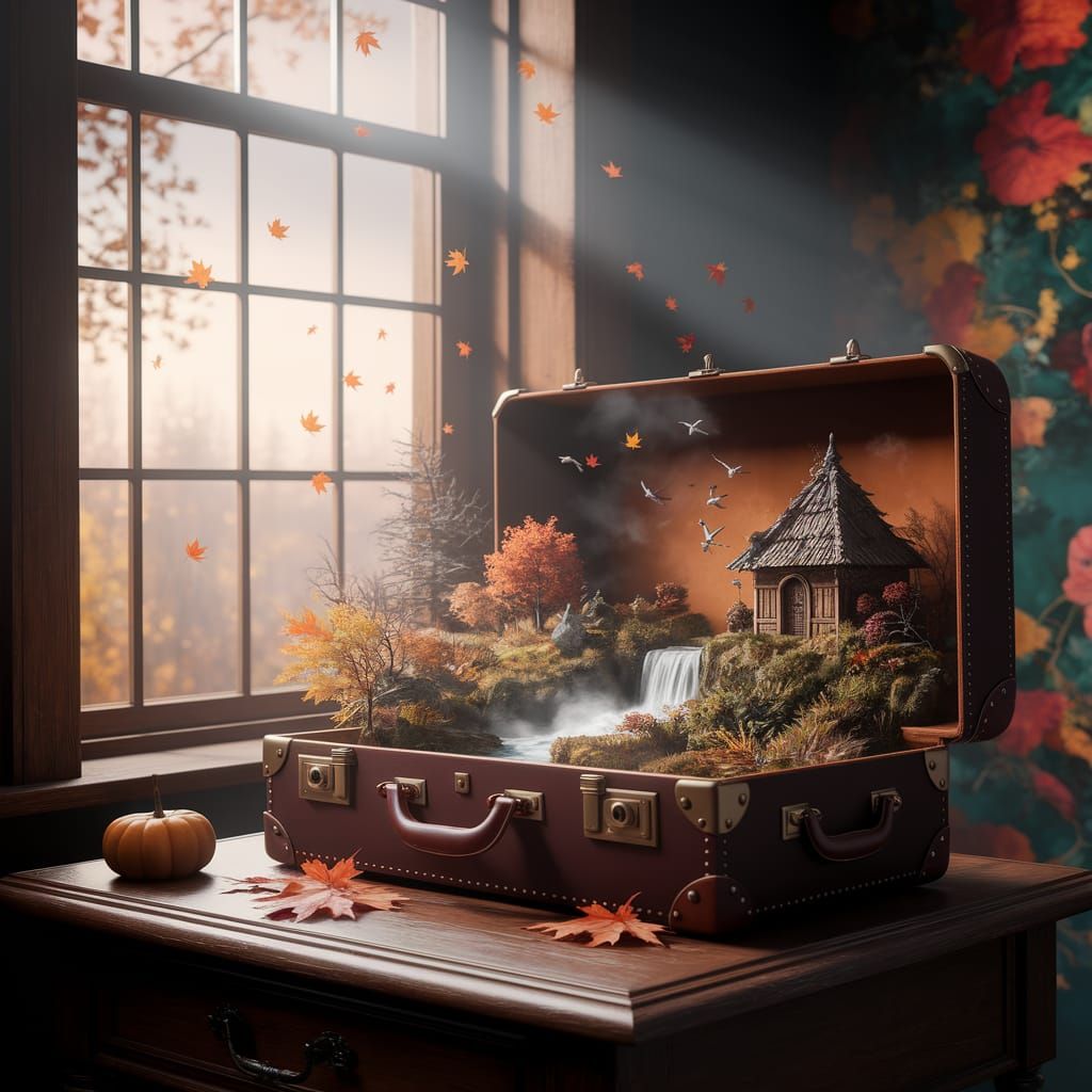Miniature Autumn World in Suitcase
