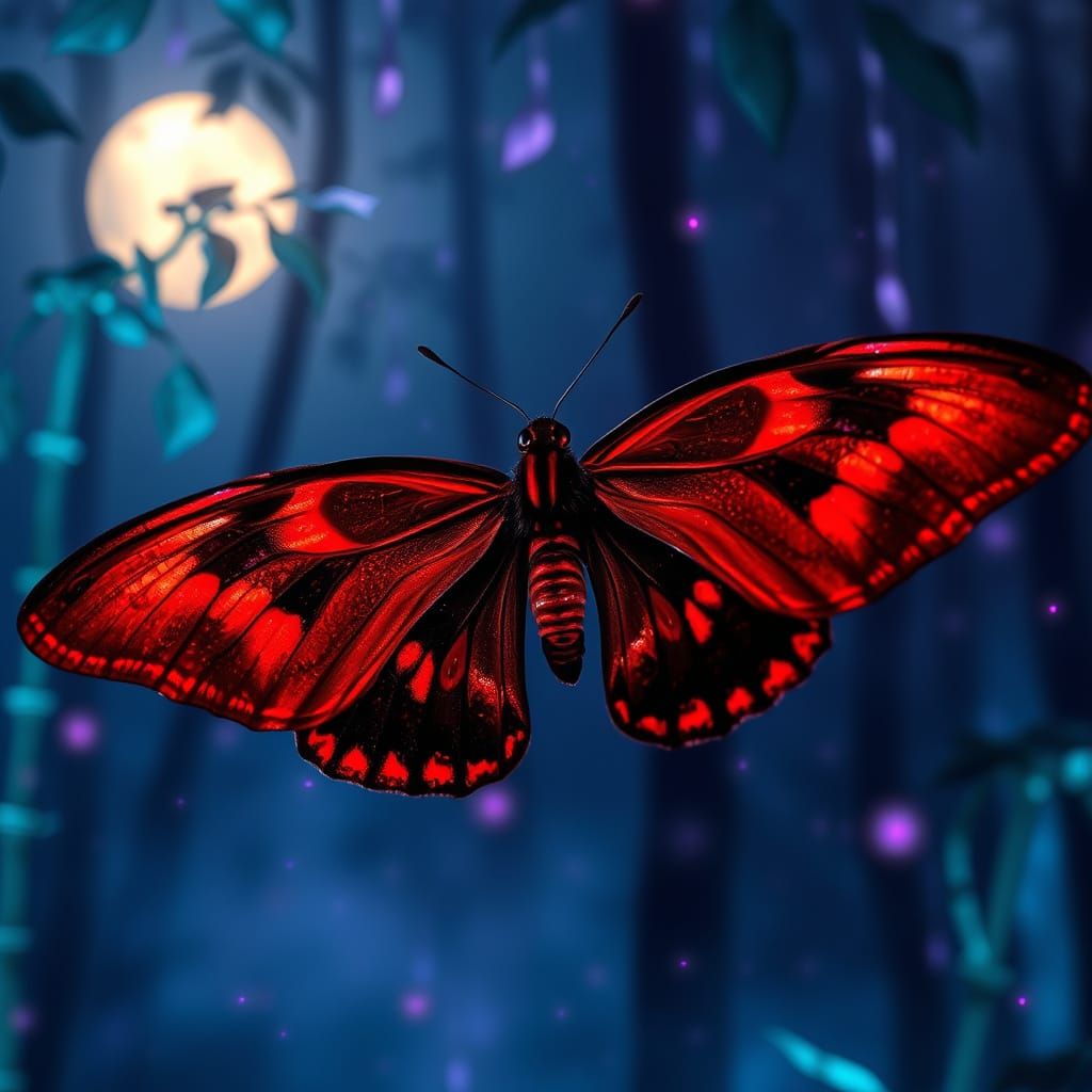 Crimson Rose Butterfly in Enchanted Forest
