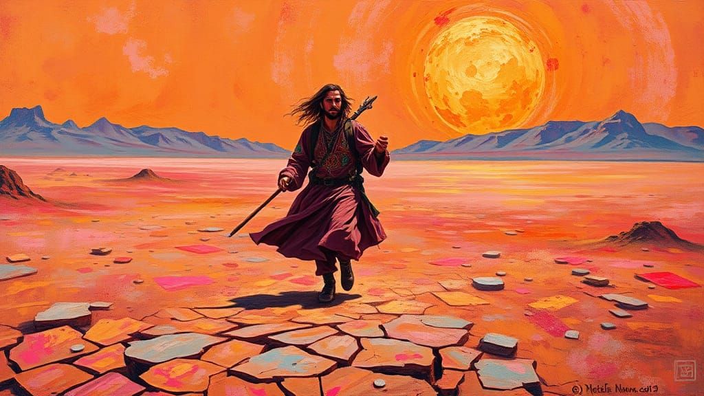 Gypsy Trekker in Arid Desert Landscape, Impasto Painting