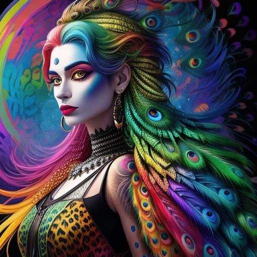 Abstract Portrait: Woman with Dragon Scales and Peacock Hair