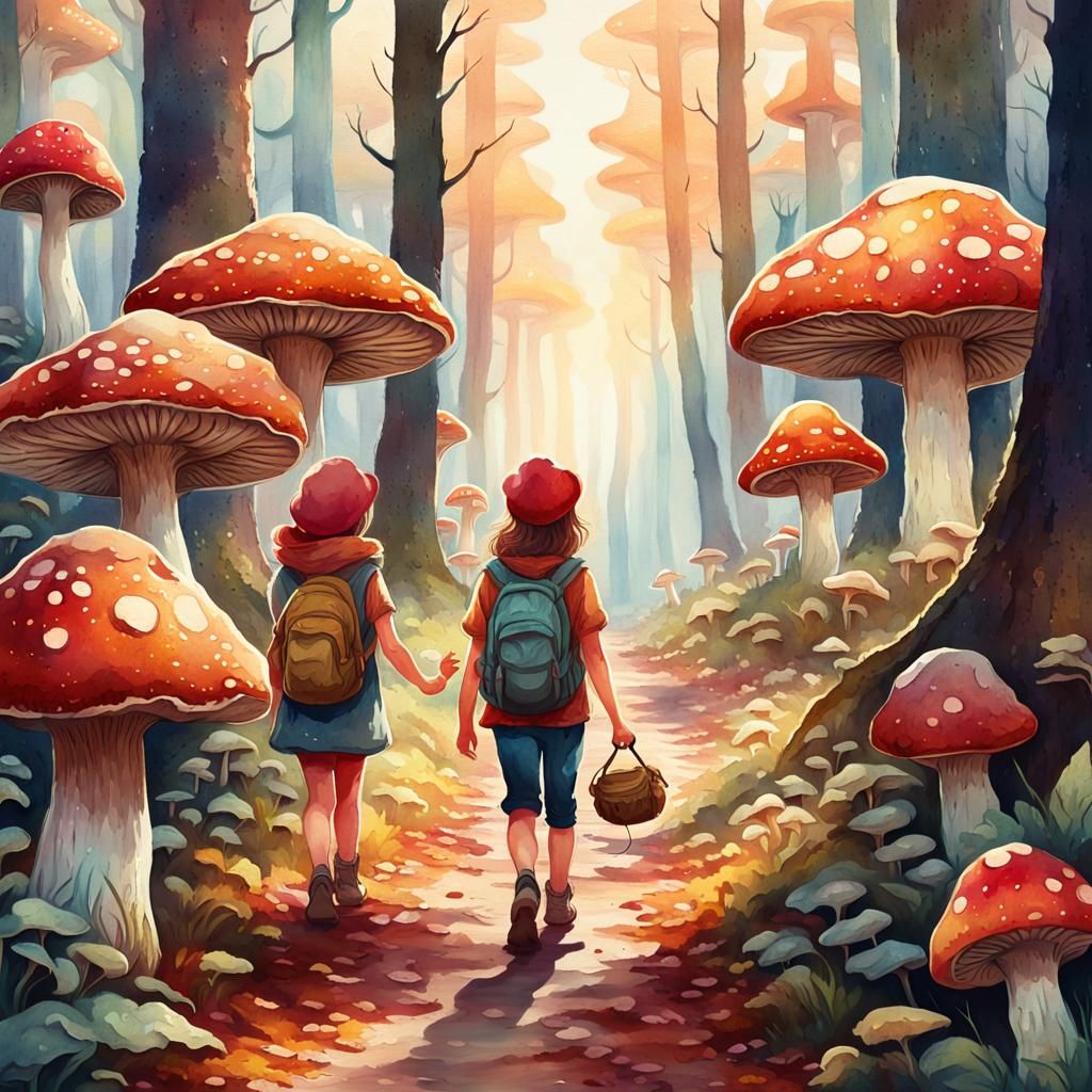 Children Explore a Mystical Mushroom Forest in Watercolor